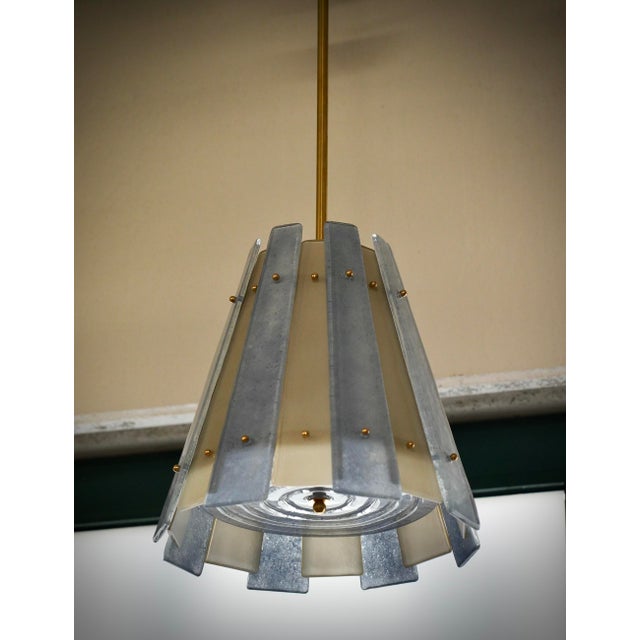 Murano Art Glass and Brass Ice White and Light Blu Chandelier and Pendant For Sale - Image 4 of 9