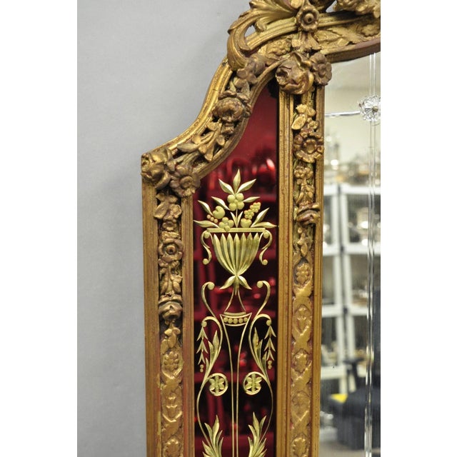 Antique French Neoclassical Baroque Gold Gilt Gesso Red Glass Frame Wall Mirror For Sale - Image 12 of 18