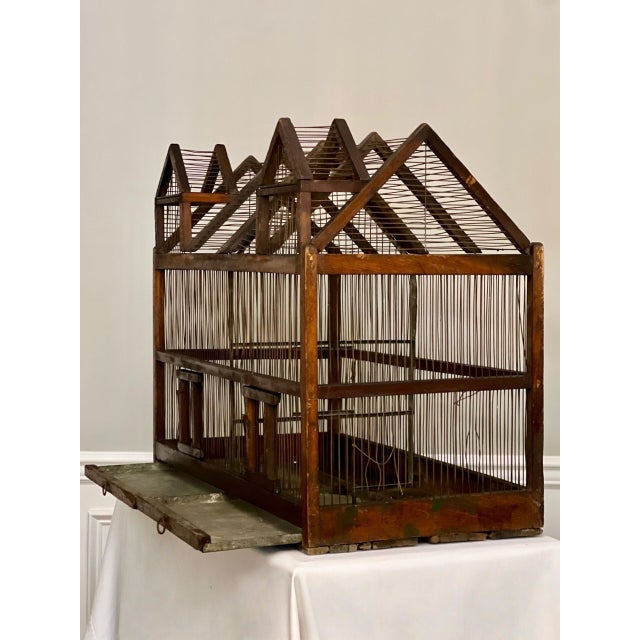 19th Century Architectural Dual Compartment Wood and Wire Birdcage For Sale In Philadelphia - Image 6 of 16
