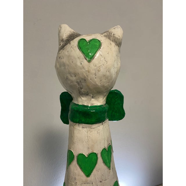 Paper Vintage Jeanne Valentine–Attributed Cream and Green Papier-Mâché Cat Sculpture For Sale - Image 7 of 9