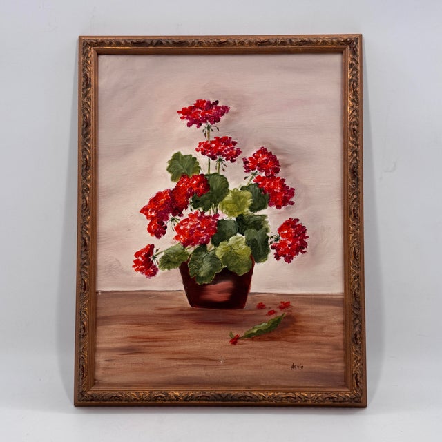 Vintage Floral Still Life Oil Painting Red Geraniums in Ornate Gilt Frame - Signed by David For Sale - Image 12 of 12