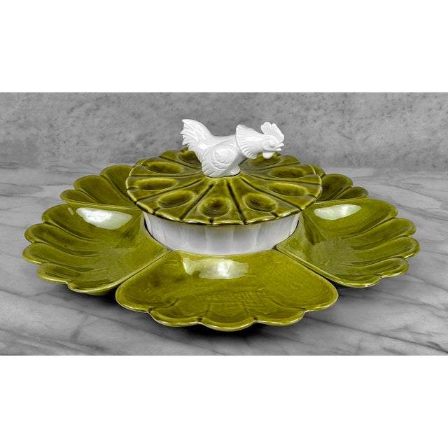 Vintage Farmhouse Avocado Green Porcelain Rooster Motif Centerpiece Serving Set, c. Mid 20th Century - Pairs Nicely with...