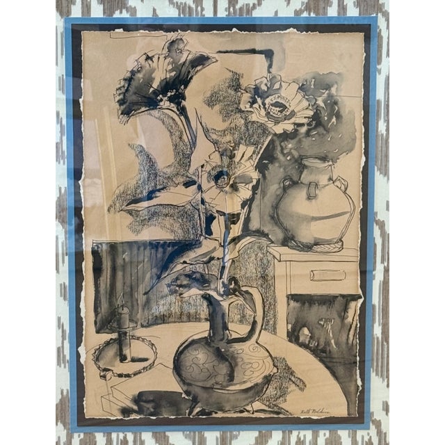 Ruth Bunny Baldwin (American, 1910-2012) early 20th century mixed media still life mounted on brown Cowtan and Tout ikat...