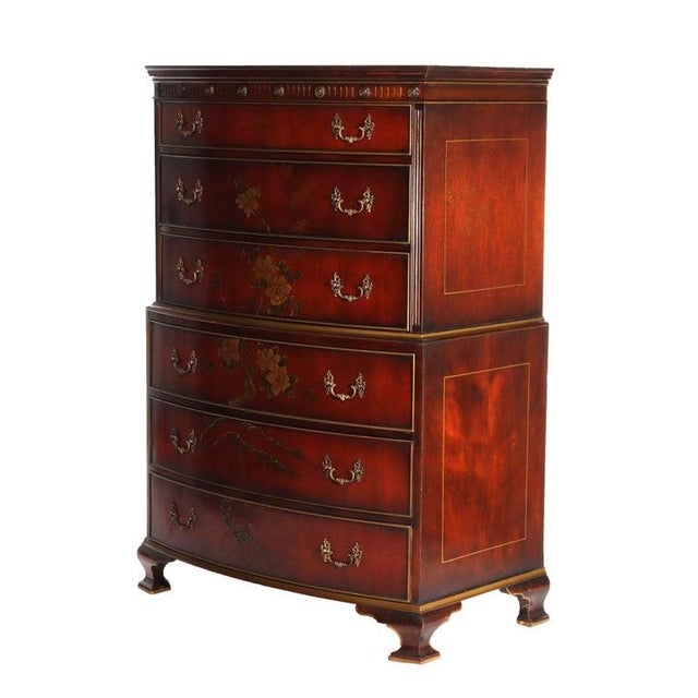 Floral Painted Chinese Chippendale Mahogany Six Drawer Highboy Chest C1920 For Sale - Image 11 of 18