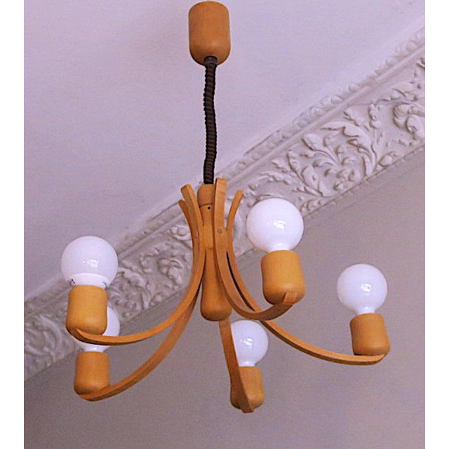 Wood Danish Variable Height Chandelier with Five-Arms from Domus, 1970s For Sale - Image 7 of 7