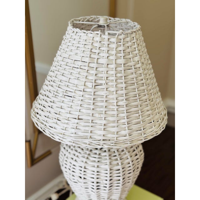 Mid 20th Century Vintage White Wicker Lamp and Lamp Shade For Sale - Image 5 of 8