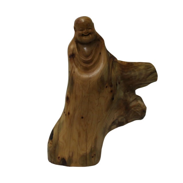 Chinese Cypress Wood Carved Irregular Shape Happy Buddha Statue For Sale