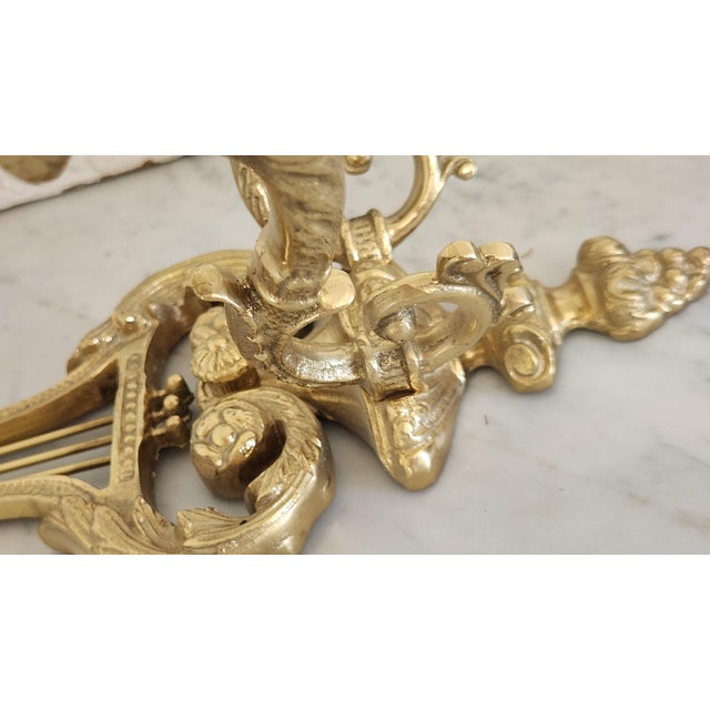 Vintage Chinese Lacquered Brass Lyre-Form Double-Arm Candle Wall Sconce For Sale - Image 9 of 18