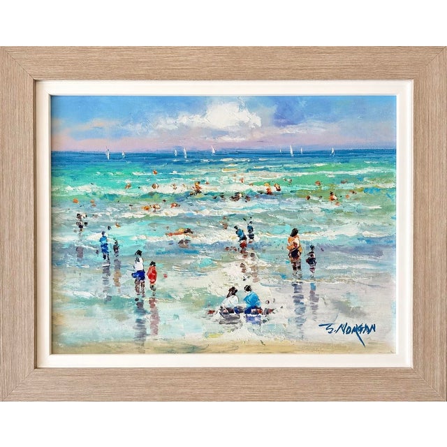 Beach Day Along the Shore, Original Framed Oil Painting on Canvas, by J. Morgan For Sale - Image 4 of 4