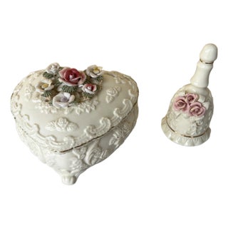 Vintage Victorian Floral Ceramic Heart Box and Bell For Sale