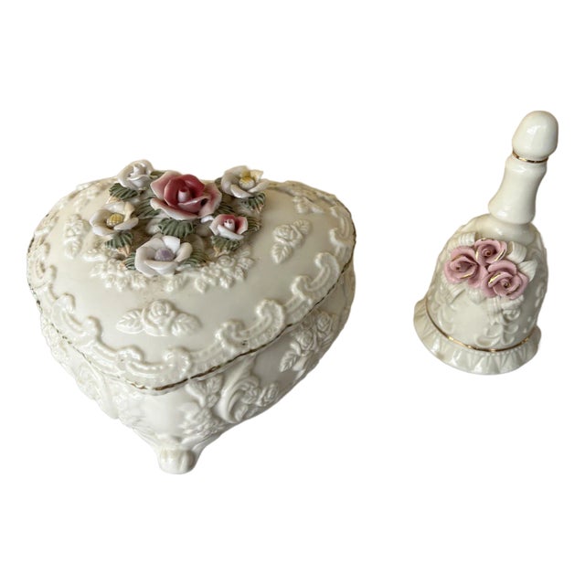 Vintage Victorian Floral Ceramic Heart Box and Bell For Sale