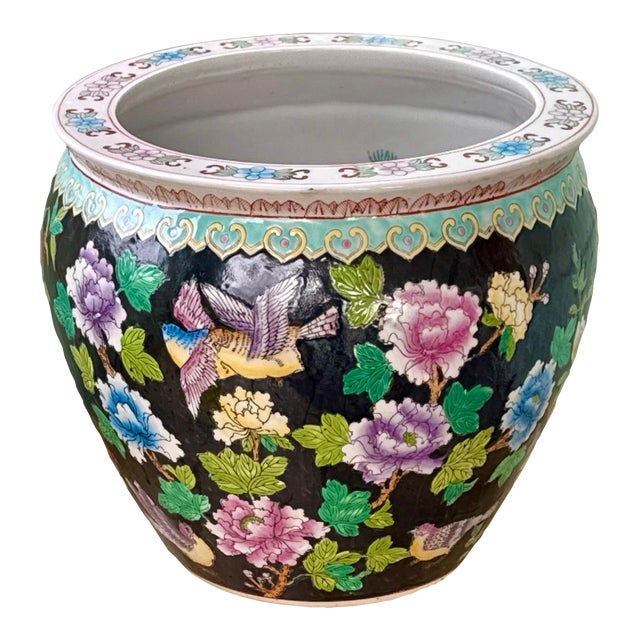 Hand Painted Chinese Chinoiserie Fishbowl Planter For Sale