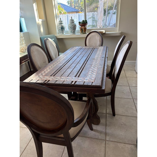 French Oval Medallion Back Dining Chairs Dark Walnut Finish Neutral Upholstery - set of Six 6 These were my former dining...