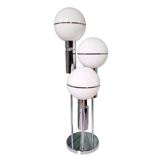 Space Age Floor Lamp in Chromed Metal and White Opaline Glass Globe from Sölken Leuchten, 1970 For Sale