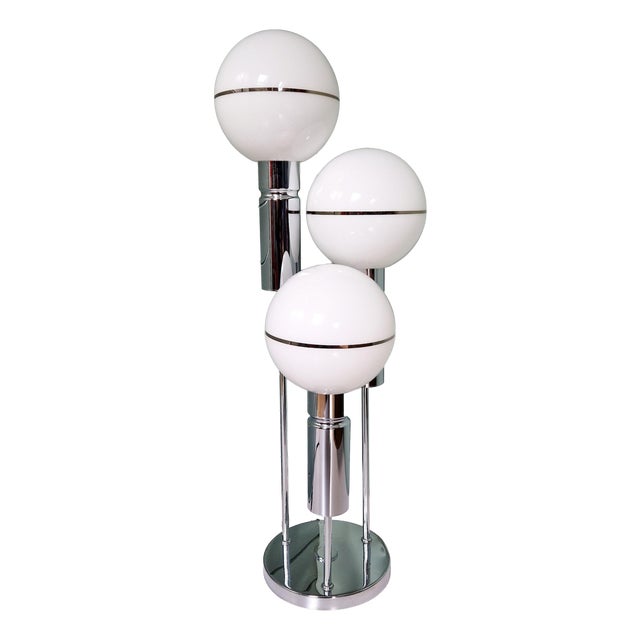 Space Age Floor Lamp in Chromed Metal and White Opaline Glass Globe from Sölken Leuchten, 1970 For Sale