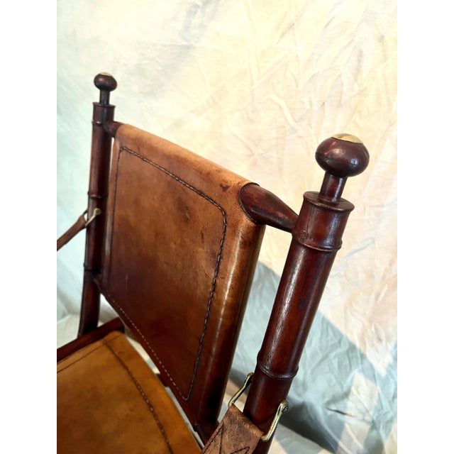 1970s Pair of Faux Bamboo Folding Leather and Wood Campaign Chairs with Brass Details For Sale - Image 5 of 12