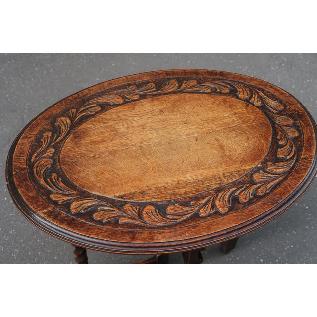 Antique Carved Tiger Oak Folding Tea Coffee Table Barley Twist End of XIXth Century For Sale - Image 12 of 13