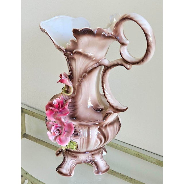 Capodimonte Vintage Italian Capodimonte Porcelain Floral Pitcher Ewer / Vase For Sale - Image 4 of 18