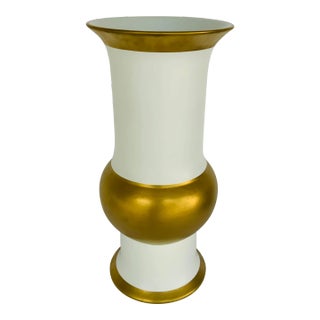 Large Modern White and Gold Flared Porcelain Vase For Sale