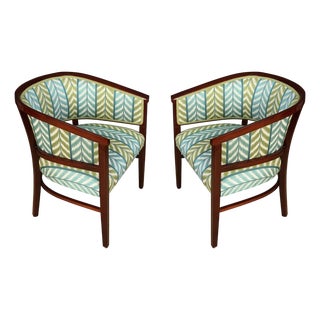 Pair of Newly Upholstered Mahogany Tub Chairs in Quadrille Blue & Green Chevron For Sale