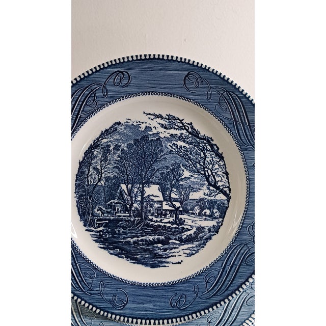 Royal Blue Mid 20th Century Currier & Ives Royal Usa Dinner Plates the Old Grist Mill Set of 8 For Sale - Image 8 of 12