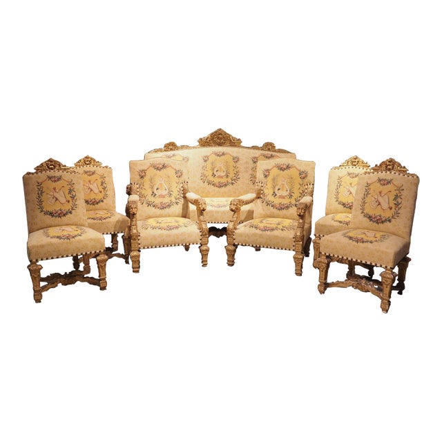 Louis XIV Style Giltwood Chateau Salon Suite From France, Circa 1880 - 7 Pieces For Sale