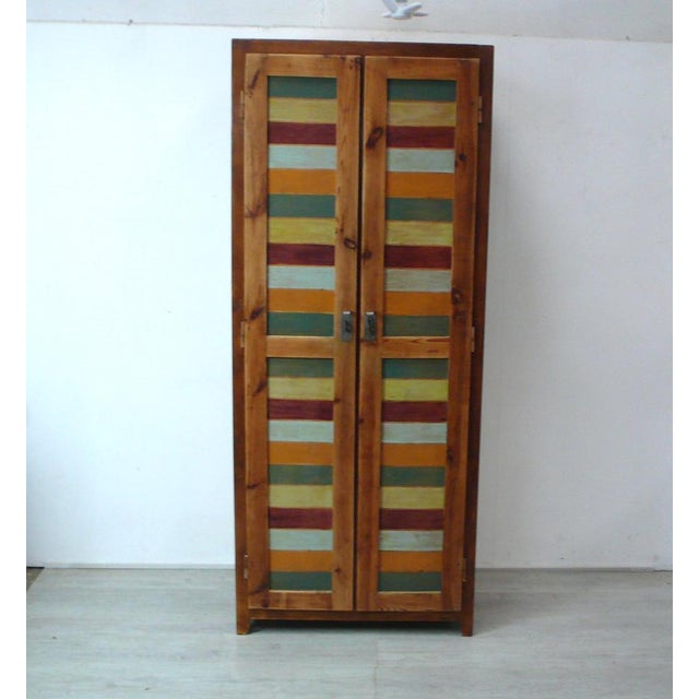 Antique wooden wardrobe, hall cupboard, 2 doors, in natural wood with shabby chic paint, circa 1900 from the Volcanic...