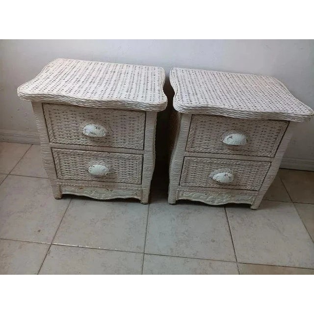 1980s Vintage White Wicker Rattan Nightstand Two Drawer Set of 2 For Sale - Image 5 of 7