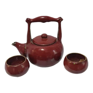Vintage Asian Red Glazed Earthenware Tea Pot & 2 Cups