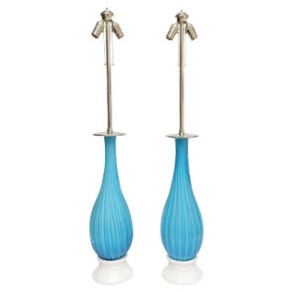 Vintage Murano Marbro Lamp Co. Turquoise Caribbean Sky Blue Ribbed Glass, Nickel Silver and Wood Lamps Pair Of For Sale