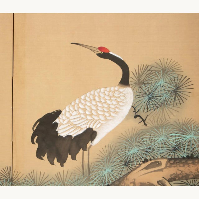 Japanese 1970s Yuko, Chinese Silk Screen "The Pine Tree and the Cranes Are Never Aging" For Sale - Image 3 of 12