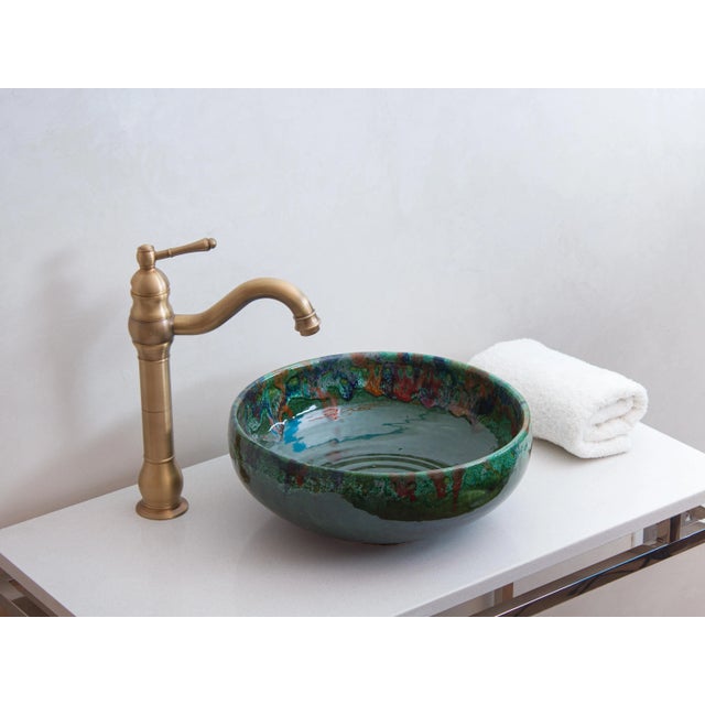 Emerald Handmade Green Ceramic Round Bathroom Sink - TerraFez For Sale - Image 8 of 11