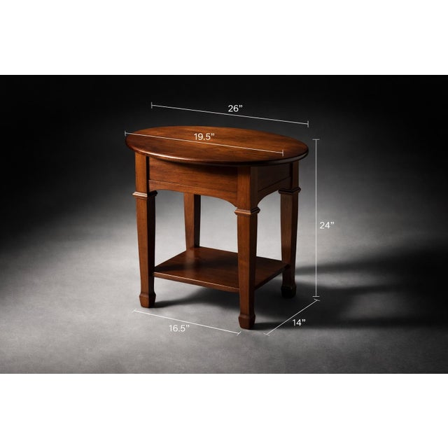 Rustic European Late 20th Century Solid Wood Oval Side Table / Nightstand in Old Chapel Satin Walnut With Lower Shelf For Sale - Image 3 of 6