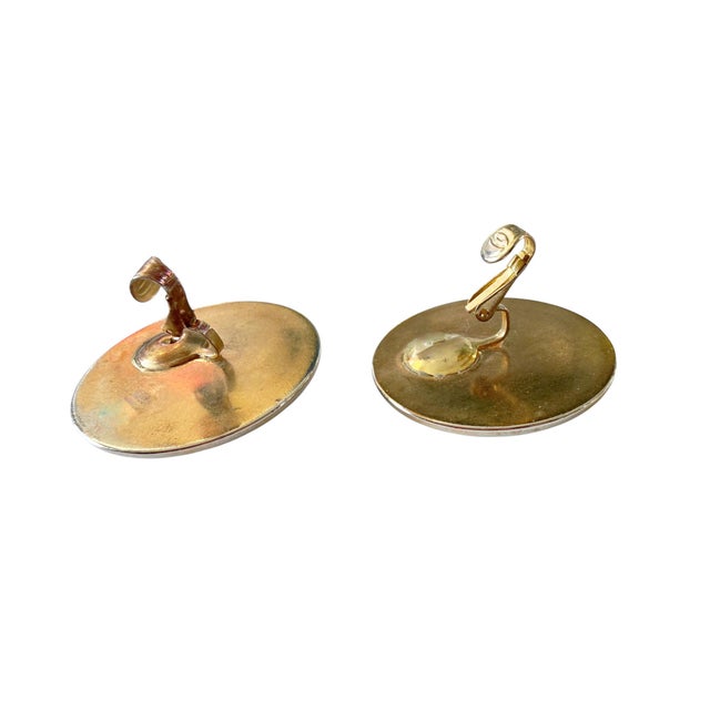 Metal Vintage Gold Tone Earrings W/Round Celadon Green Jadeite Faux Jade For Sale - Image 7 of 7