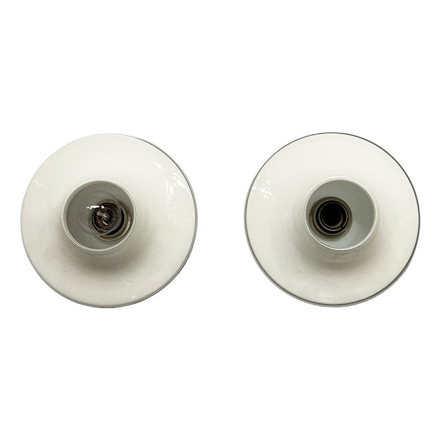 Italian Modern Round Wall Lamps in Opaline Glass, 1970s, Set of 2 For Sale