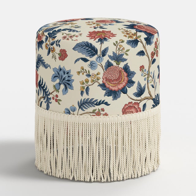 Pierre Fringe Ottoman in Dusty Blue Tree of Life For Sale