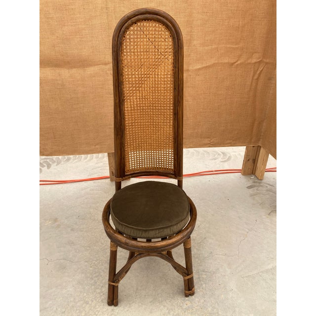 1960s Rattan + Cane Dining Chairs + Dark Moss Green Down Seat Cushions, Set of 8 For Sale - Image 12 of 12