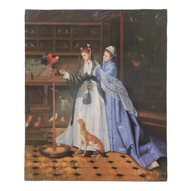 Mid-20th Century Signed S. Hills - Ladies in the Aviary, Oil on Canvas For Sale