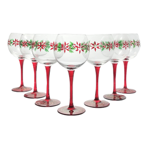 Pier 1 “Poinsettia” 7 Balloon Wine or Water Christmas Glasses