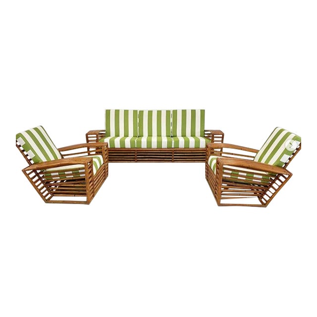Outdoor Bamboo Patio Set In Stripe Sumbrella 3 Pieces Chairish