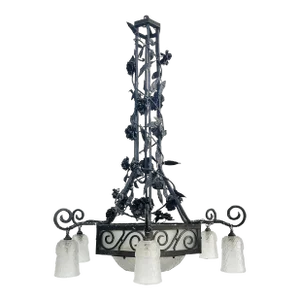 French Art Deco Wrought Iron, Glass Chandelier, Muller Freres Attributed, 1930