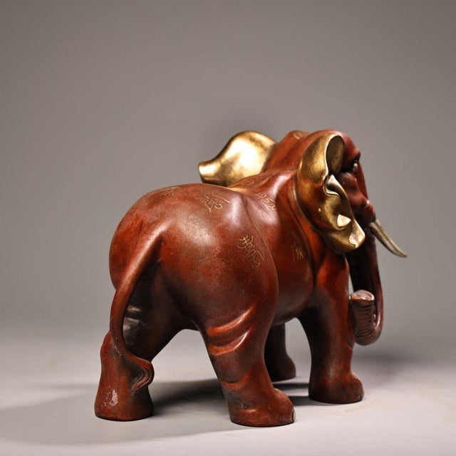 Red Vintage Red Copper Gilt Elephant Sculpture - Asian Auspicious Statue With Inscriptions For Sale - Image 8 of 10