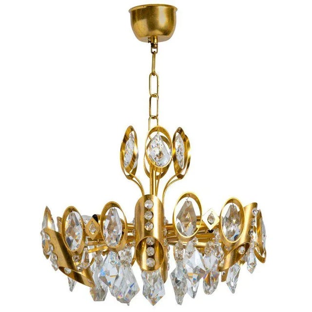 Metal Hollywood Regency Jeweled Crystal and Gilded Chandelier by Palwa For Sale - Image 7 of 7