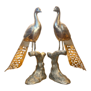 Vintage Hollywood Regency Large Brass Peacock Pair, 26.5” Tall