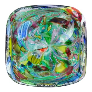 Vintage Murano Avem Green Millefiori Flower Silver Flecks Aventurine Ribbons Italian Art Glass Ashtray Bowl For Sale