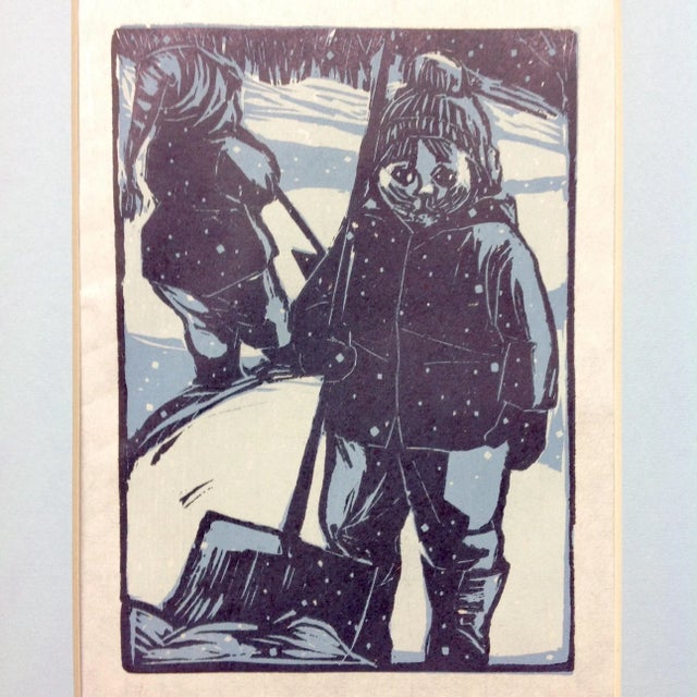 Mid-Century Modern Vintage Scandinavian Winter Land Wood Cut Print, Framed For Sale - Image 3 of 3