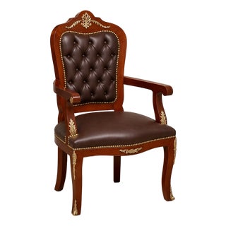 Luxury French Louis XV Brown Leather Tufted Armchair – Ornate Classic Accent Chair For Sale