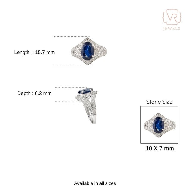 1920s Style 2.6 Ct Deep Blue Sapphire Art Deco Diamond Ring Size 6 in 14k White Gold For Sale - Image 9 of 16