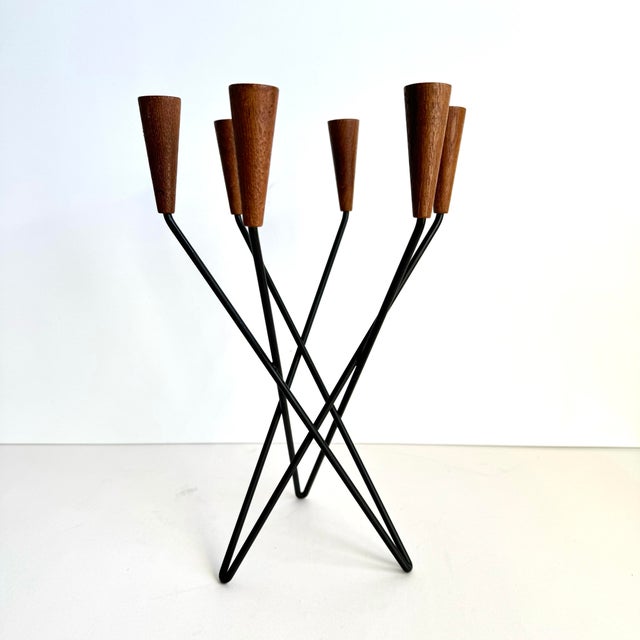 Danish Modern Teak & Metal Candelabra MCM Sculptural Candlestick Holder Luthje For Sale - Image 6 of 7