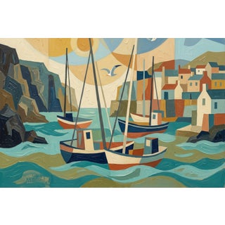 Colorful Harbor Boats Painting, Coastal Abstract Art Print, 36″ × 24″ For Sale